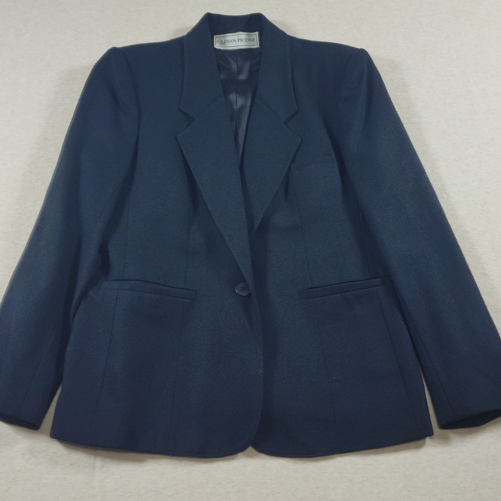 Evan Picone Womens 10 Medium Navy Blue 100 Worsted Wool Blazer USA Vintage Coat